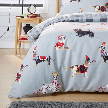 Christmas Dogs Duvet Cover Set Puppies White Grey Reversible Super Soft Easy Care Cute Animal Print Quilt Bedding Bed Sets with Pillowcase
