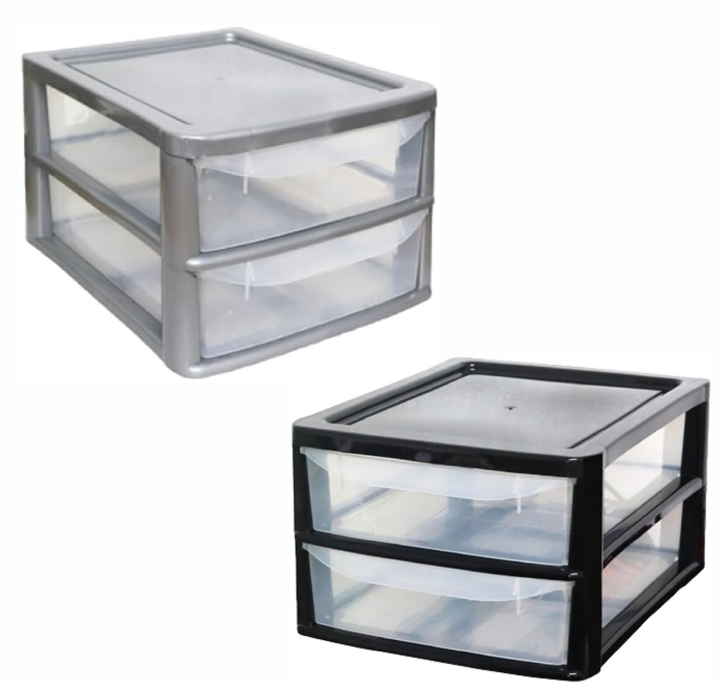 PLASTIC STORAGE DRAWERS 2 TIER A4| SMALL CLEAR SILVER TOWER UNIT | OFFICE DESKTOP TABLETOP ORGANISER HOME SCHOOL BEDROOM LIVING ROOM | 20 cm HEIGHT, 35 cm DEPTH, 28 cm WIDTH