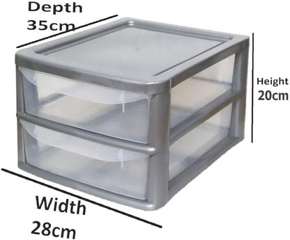 PLASTIC STORAGE DRAWERS 2 TIER A4| SMALL CLEAR SILVER TOWER UNIT | OFFICE DESKTOP TABLETOP ORGANISER HOME SCHOOL BEDROOM LIVING ROOM | 20 cm HEIGHT, 35 cm DEPTH, 28 cm WIDTH