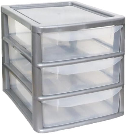 PLASTIC STORAGE DRAWERS 3 TIER A4| SMALL CLEAR SILVER TOWER UNIT | OFFICE DESKTOP TABLETOP ORGANISER HOME SCHOOL BEDROOM LIVING ROOM | 29 cm HEIGHT, 35 cm DEPTH, 28 cm WIDTH