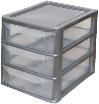 PLASTIC STORAGE DRAWERS 3 TIER A4| SMALL CLEAR SILVER TOWER UNIT | OFFICE DESKTOP TABLETOP ORGANISER HOME SCHOOL BEDROOM LIVING ROOM | 29 cm HEIGHT, 35 cm DEPTH, 28 cm WIDTH
