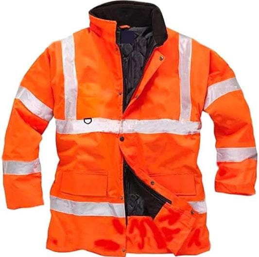 Men’s Hi Vis Safety Parka Jackets Reflective Waterproof Workwear Padded Top Security Hooded Long Coats
