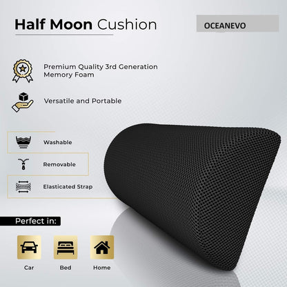 Half Moon Memory Foam Cushion Pillow - Half Moon Pillow - Bolster Pillow Cushion - Lumbar Support Cushion – Use For Neck, Lower Back, Knees, Legs, Feet Virtually Any Position - Black