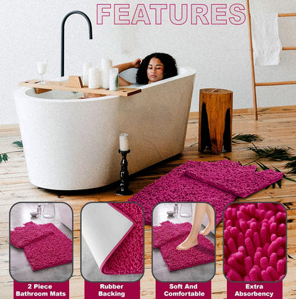 2 Piece Loop Bath Mats for Bathroom - Non Slip Chenille Bath Mat Set Rugs, Extra Soft with Water Absorbent Pedestal Bathmat Shower Toilet Mat