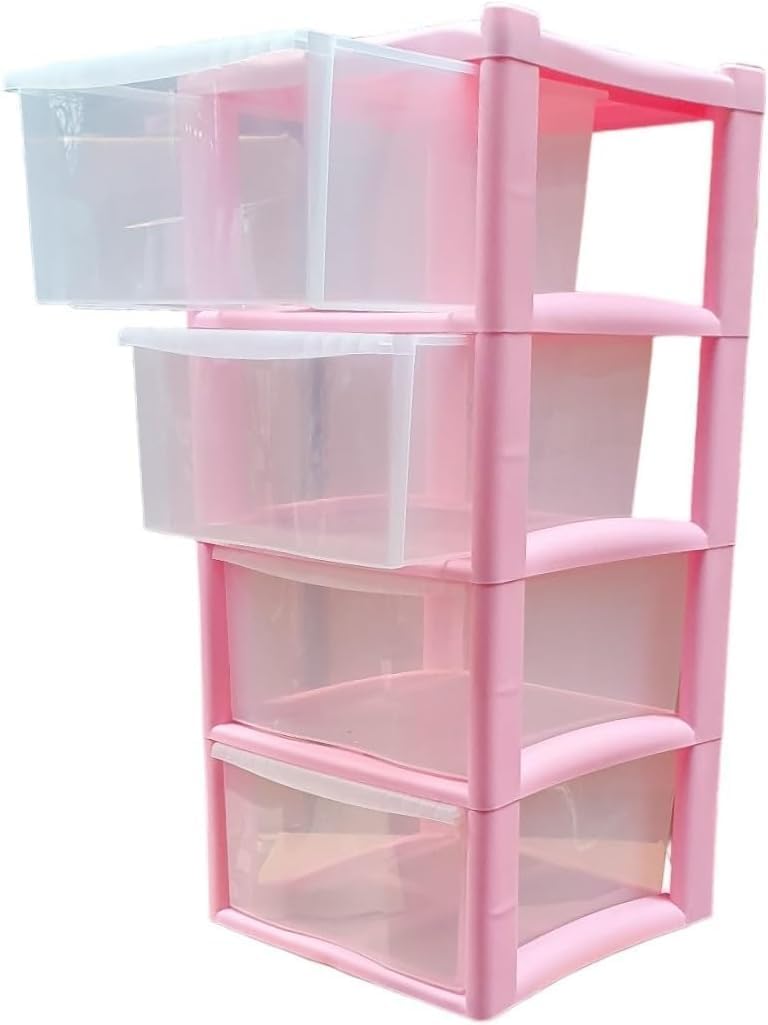 4 Drawers Plastic Storage Tower Unit Organizer Home Office School Desktop Clear Storage Chest for Clothes Toys Art Supplies Stationary Shoes