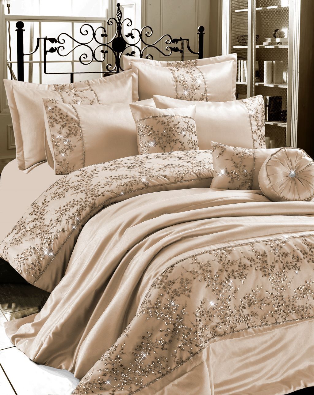 GIGI Embroidered Lace Duvet Cover Diamante Silk Satin Bedspread Quilt Bed Sets