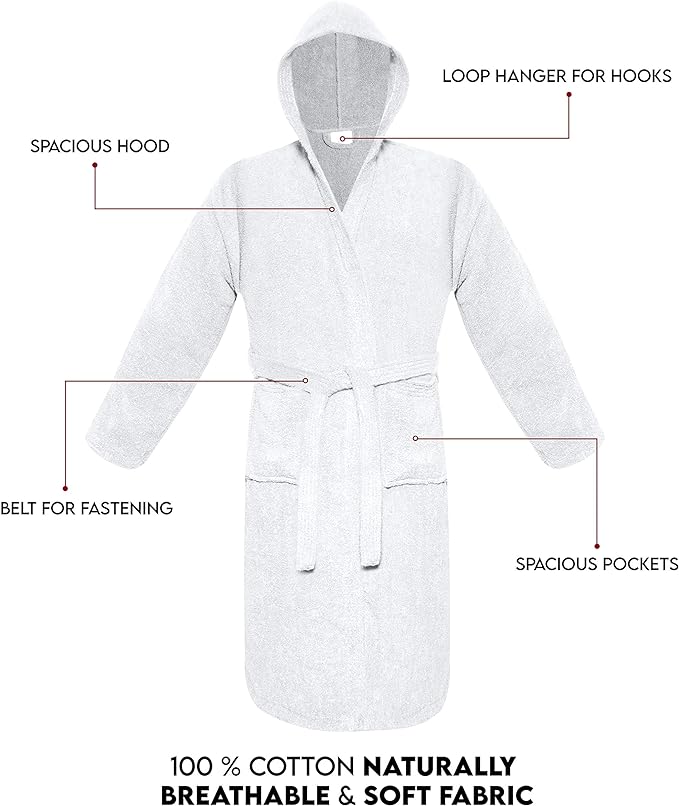 Mens Womens Hooded Bathrobe 100% Soft Cotton Terry Towelling Dressing Gown House Coat